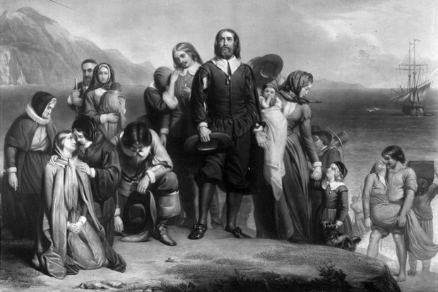 19th November 1620, The Pilgrim Fathers arriving on the Mayflower and landing in New England, where they founded the Plymouth Colony. Original Artwork: Painting by Charles Lucy. (Photo by Three Lions/Getty Images)